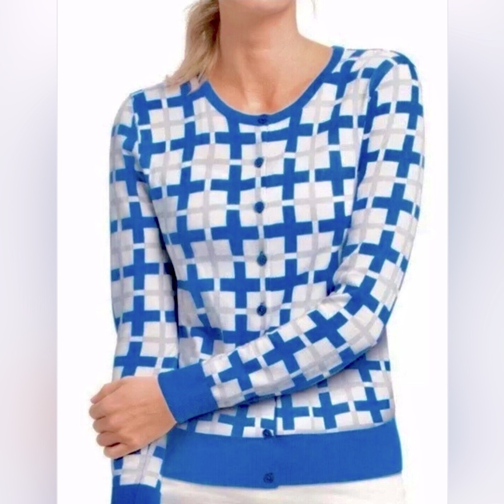 CABI SUPER CUTE S BLUE/WHITE CHECK/PLAID CARDIGAN SWEATER LIGHTWEIGHT COTTON